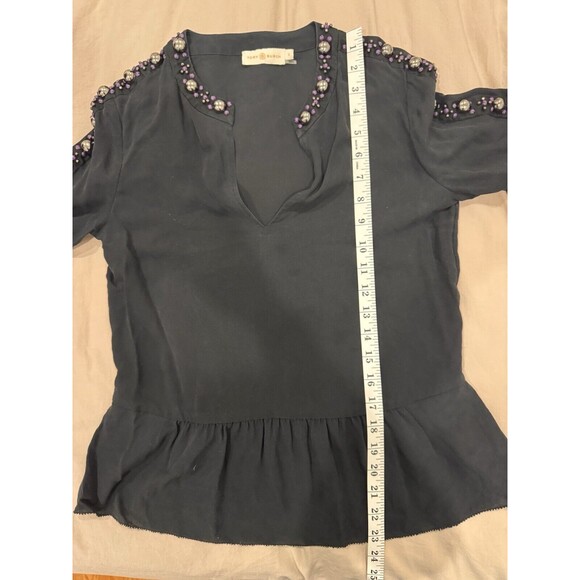 Tory Burch Mezair Embellished 100% Silk Blouse Old Money Black Size 2 Ruffles - Picture 5 of 6